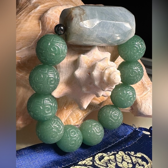 MASSIVE AQUAMARINE + JADE  AVENTURINE  NATURAL STONES BRACELET size 7” - Picture 2 of 16